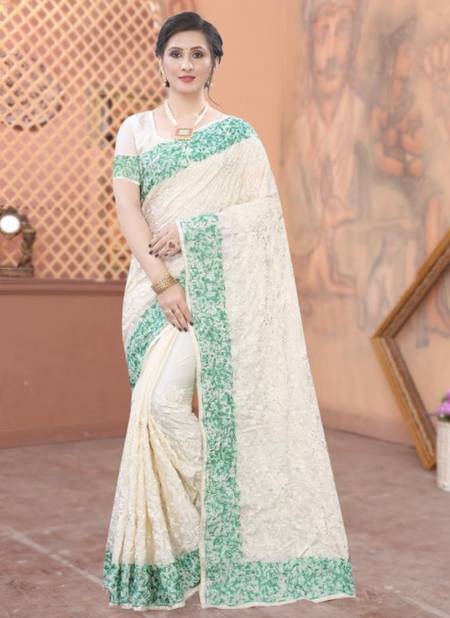 Green And Off White NARI PANETAR Festive Wear Heavy Resham Embroidery Work Stylish Saree Collection 5112